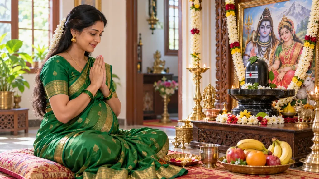 हरतालिका तीज पर शिव पार्वती की पूजा करती भारतीय महिला