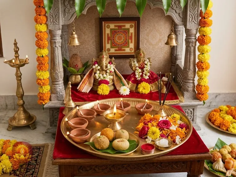 पूजा की थाली में सजे हुए दीपक और फूल।