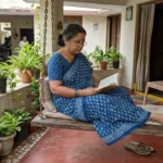 घर के बरामदे में झूले पर बैठकर किताब पढ़ती भारतीय महिला