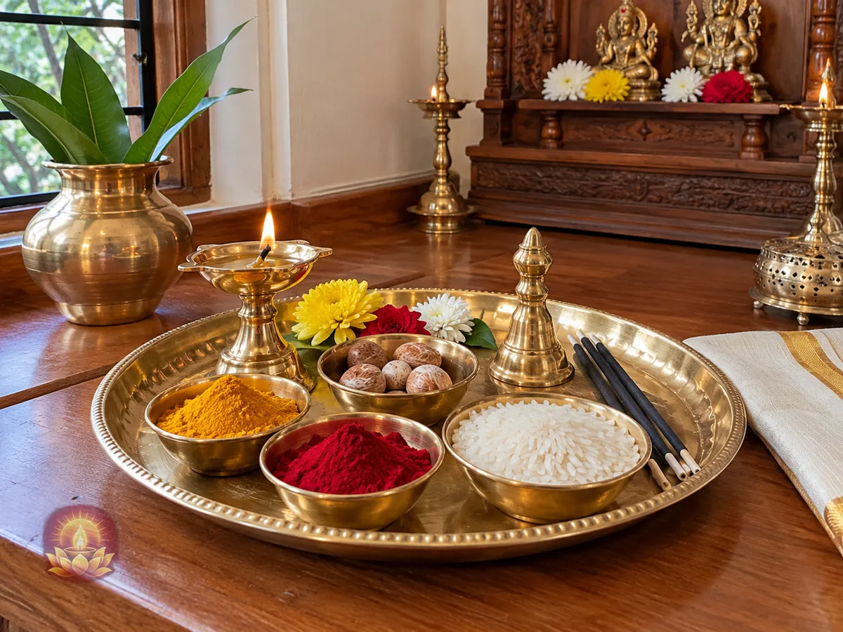 थाली में सजी हुई रोली, चावल, सुपारी और पूजा की अन्य सामग्री।