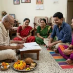 पंडित जी के सामने परिवार के साथ बैठा युवा जोड़ा, कुंडली मिलान