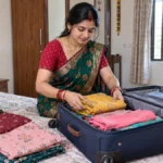 हरी साड़ी पहनी एक भारतीय महिला बेडरूम में बिस्तर पर रखे खुले नीले सूटकेस में रंगीन कपड़े जमा रही है।