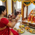 सजे हुए घर में माँ दुर्गा की प्रतिमा के सामने आरती करती महिला